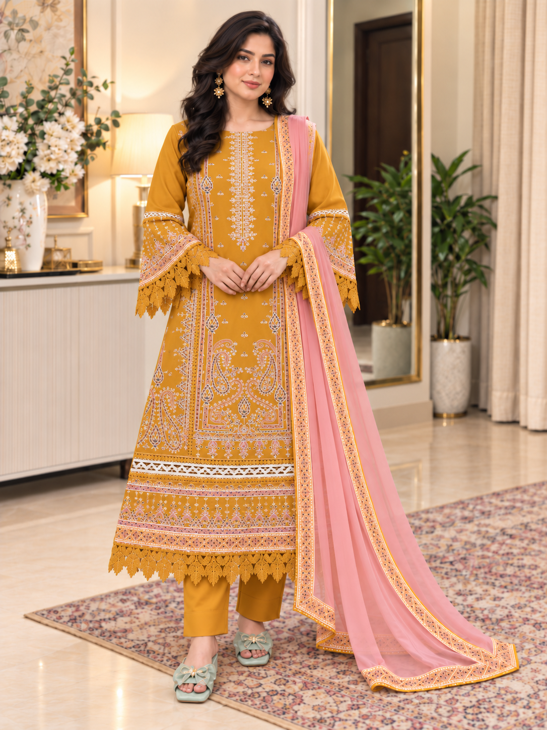 Mustard Elegance – Luxury Embroidered 3-Piece Suit