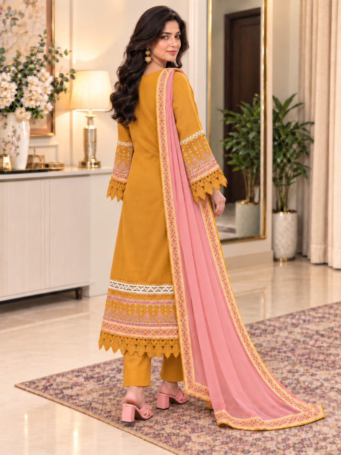 Mustard Elegance – Luxury Embroidered 3-Piece Suit